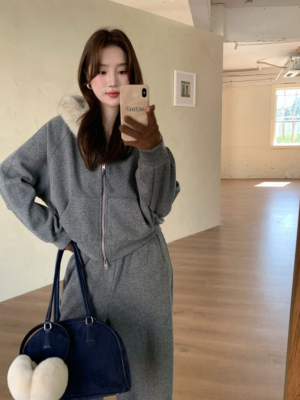 // 毛毛領衛衣外套+休閒褲套裝