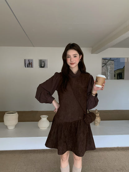 // 壓褶翻領silky BL+麂皮絨荷葉腳背心OPS套裝(連袋仔)