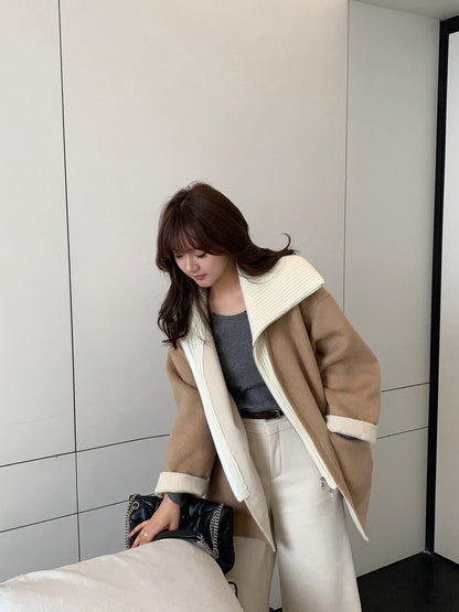 // 造型感針織翻領拼接假兩件手工羊毛外套(毛呢部份100%wool)