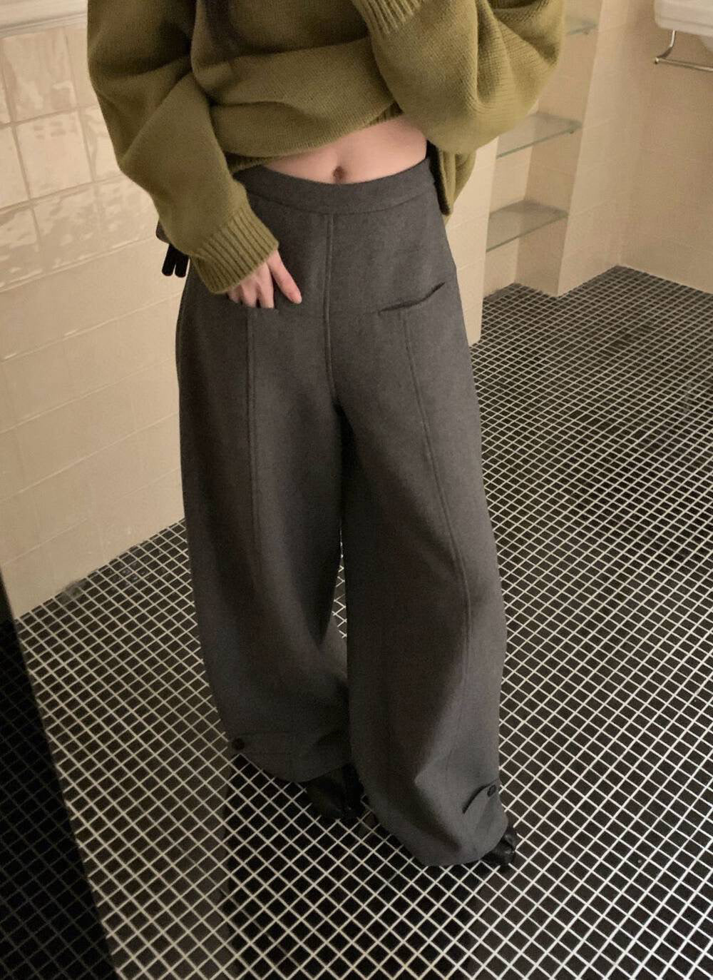 // 50%羊毛設計感褲腳高腰褲