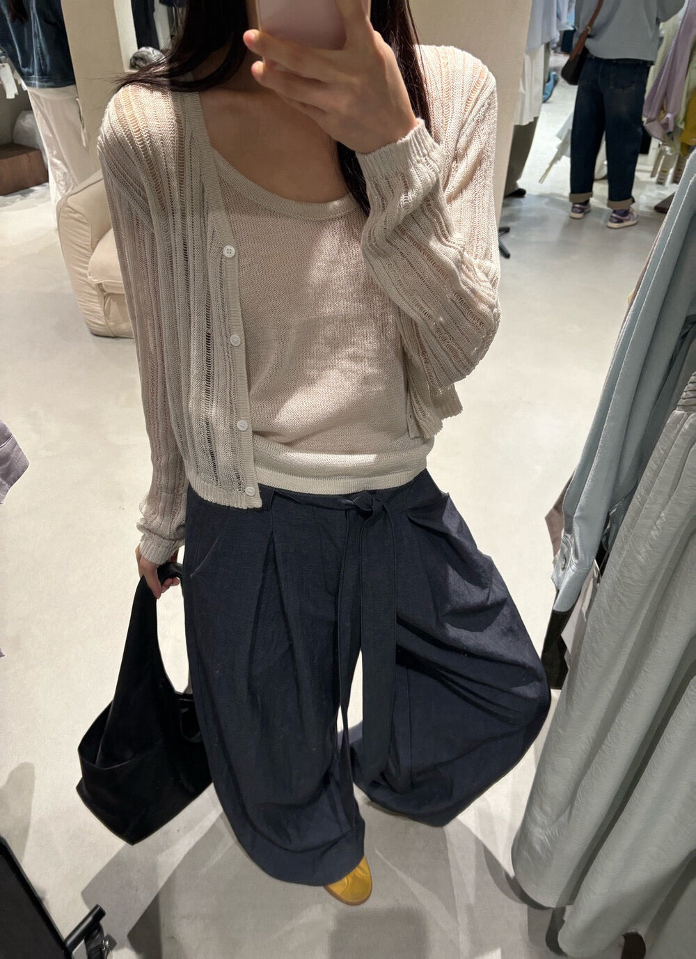 // 直間紋顯瘦針織外套+吊帶套裝