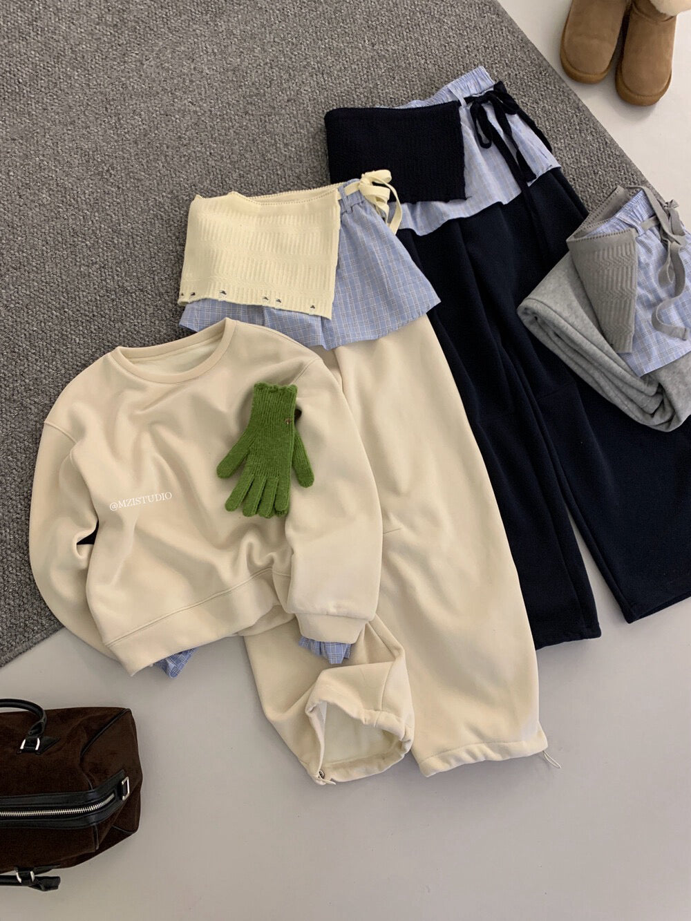 // 超韓拼接袖衛衣+褲頭拼接連針織裙簾褲套裝