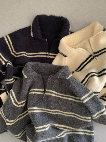 // 撞色間條邊半拉鍊毛衣