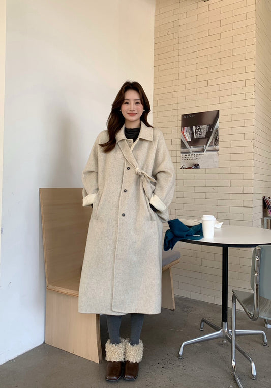 // 100%羊毛簡約翻領長款手工外套(連斜背包)