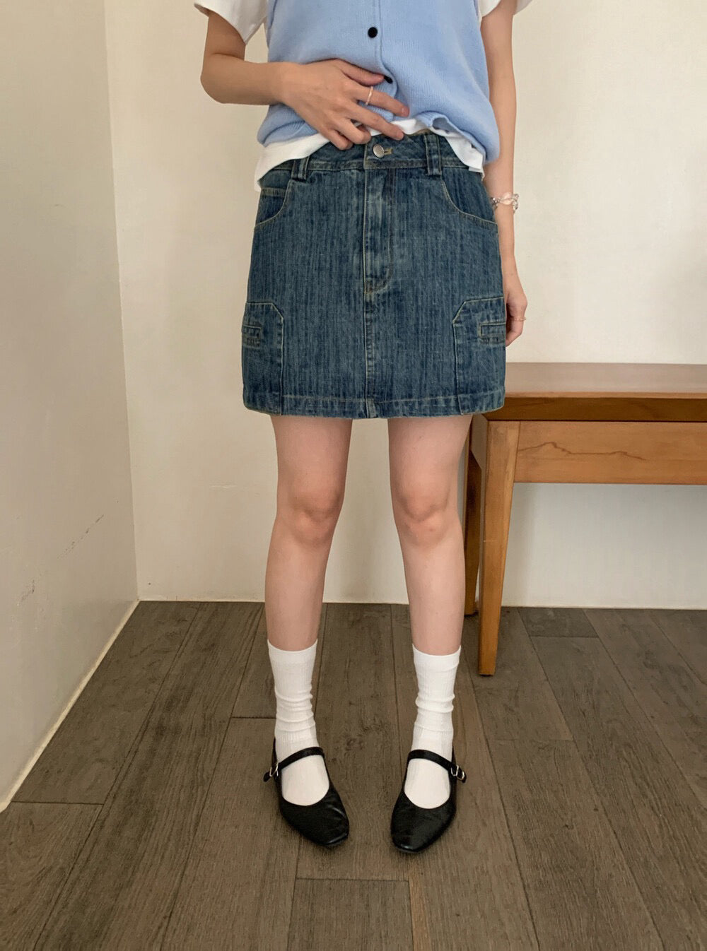 // 美式復古洗水口袋牛仔短裙