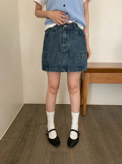 // 美式復古洗水口袋牛仔短裙