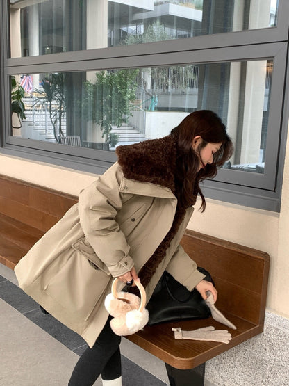 // 超帥大毛毛翻領可束腰口袋工裝外套