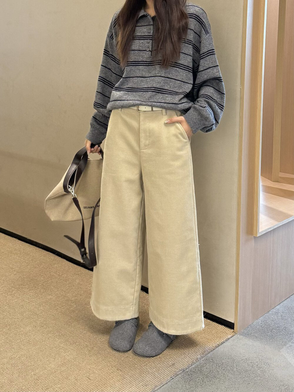 // 顯瘦版型燈芯絨直腳九分褲(連腰帶)