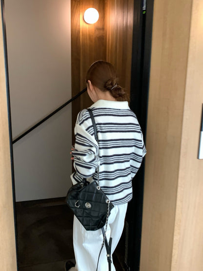 // 復古拼間翻領針織上衣