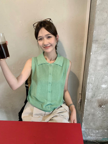 // 直紋翻領天絲麻針織背心