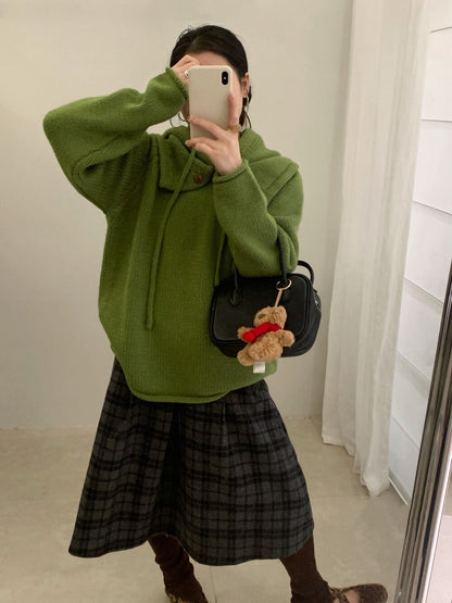 // 棉感卷邊圓領連鈕扣帽毛衣