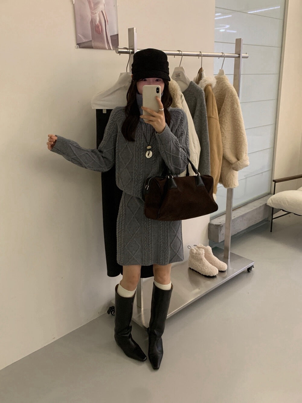 // 麻花半拉鍊立領毛衣+短裙套裝