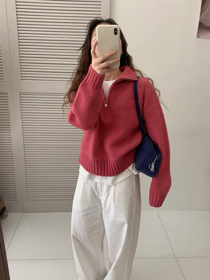 // 半拉鍊直坑紋領套頭NT