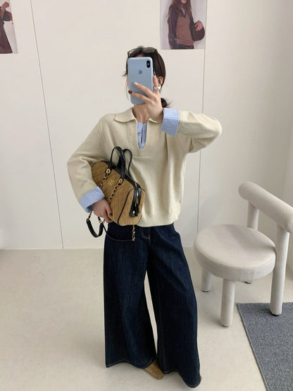 // 設計感拼接恤衫針織上衣