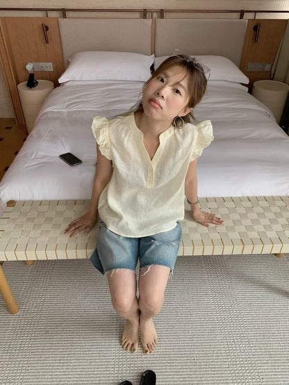 // 麻質飛飛袖小鈕扣背心