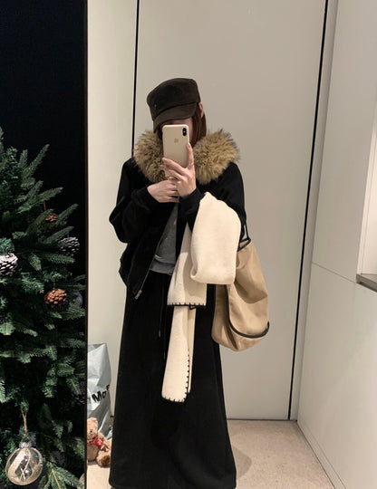 // 可拆毛毛領連帽拉鍊衛衣外套+中裙套裝￼