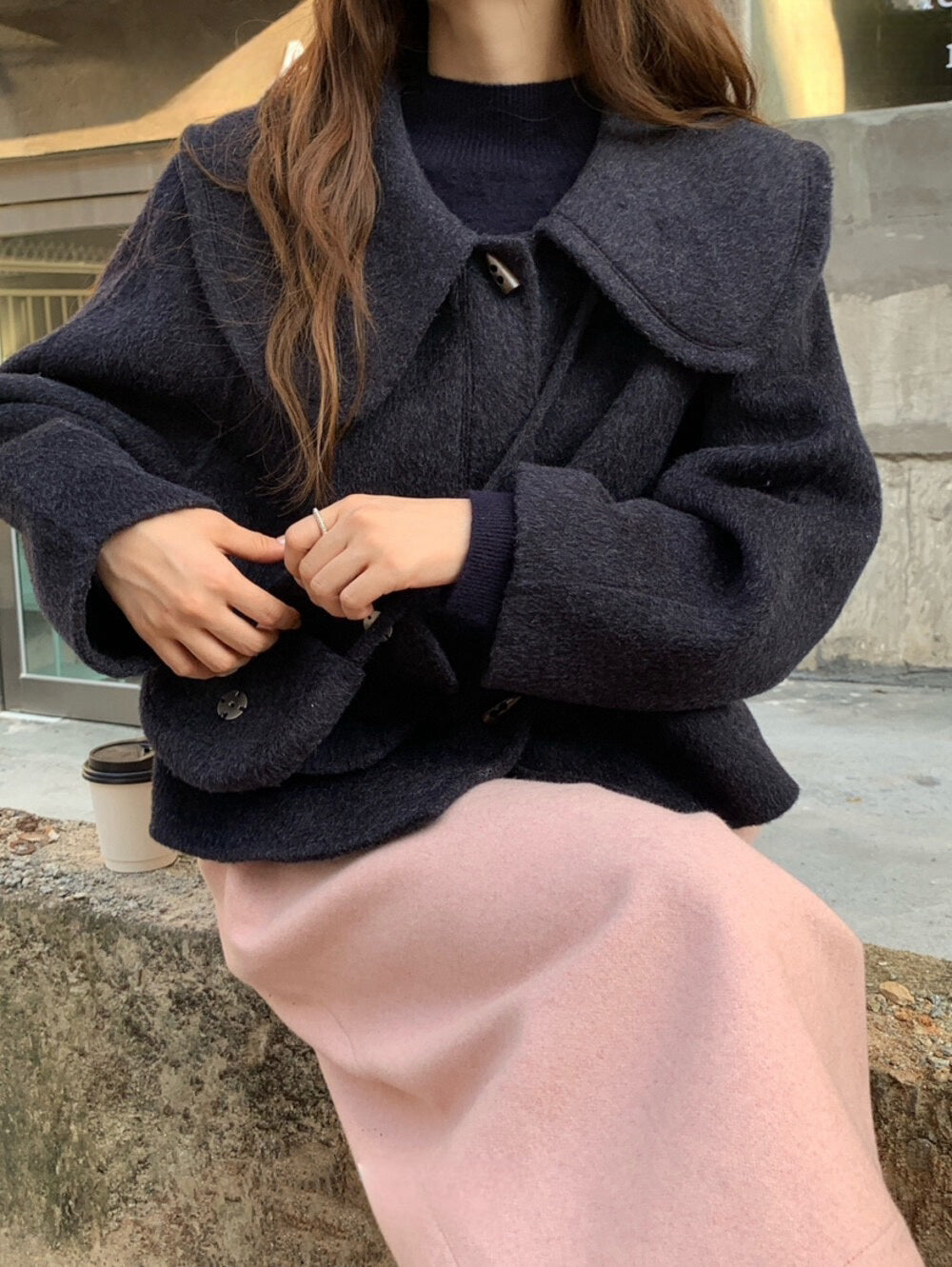 // 100%wool超韓大娃娃領手工外套(連袋仔)