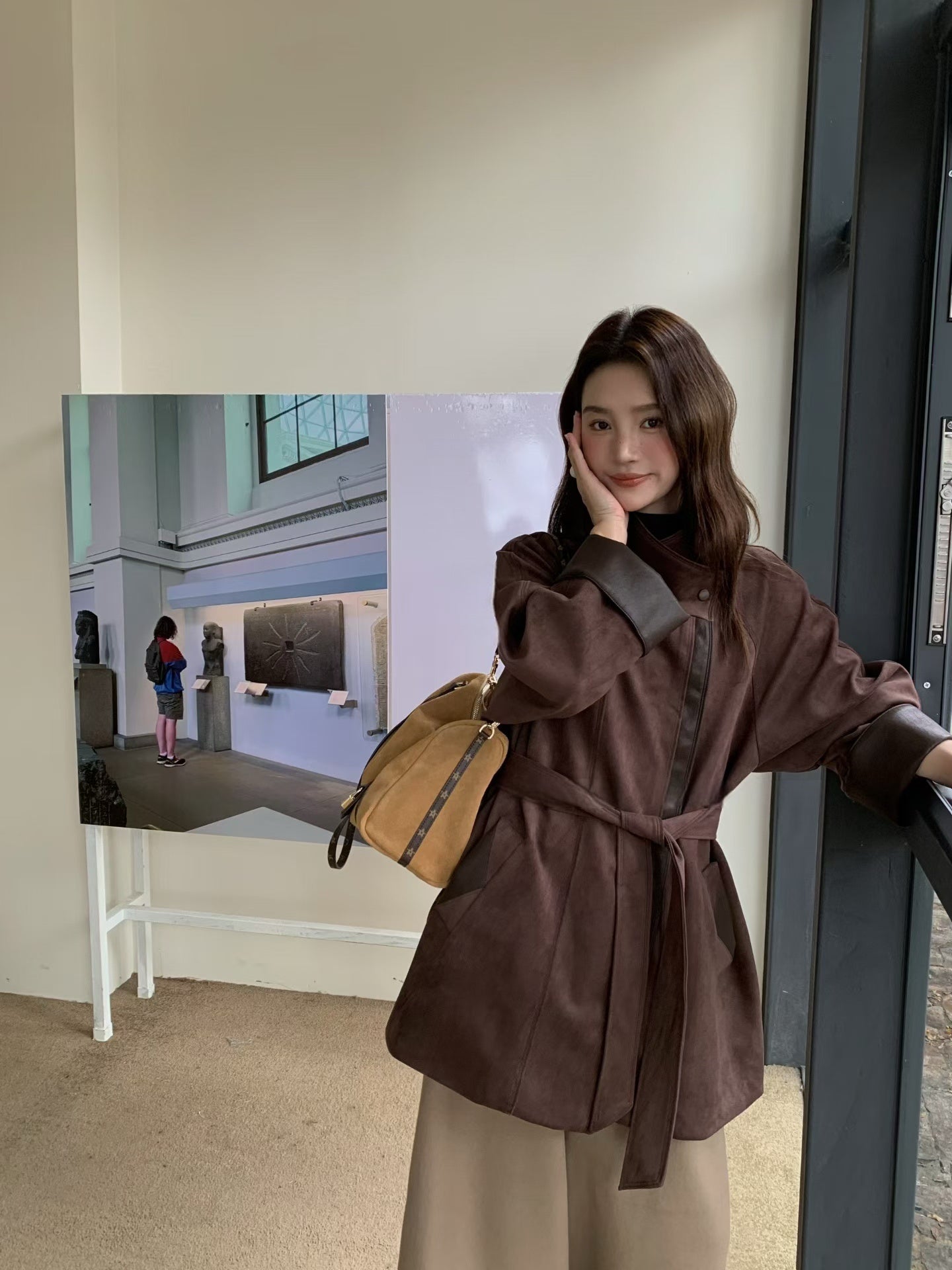 // 帥氣麂皮絨可立領拼皮外套