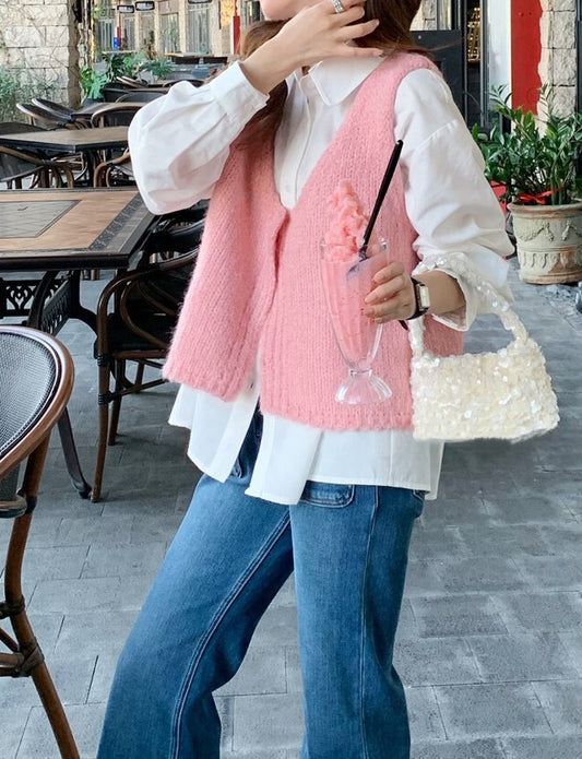 // 馬卡龍色色V領針織背心