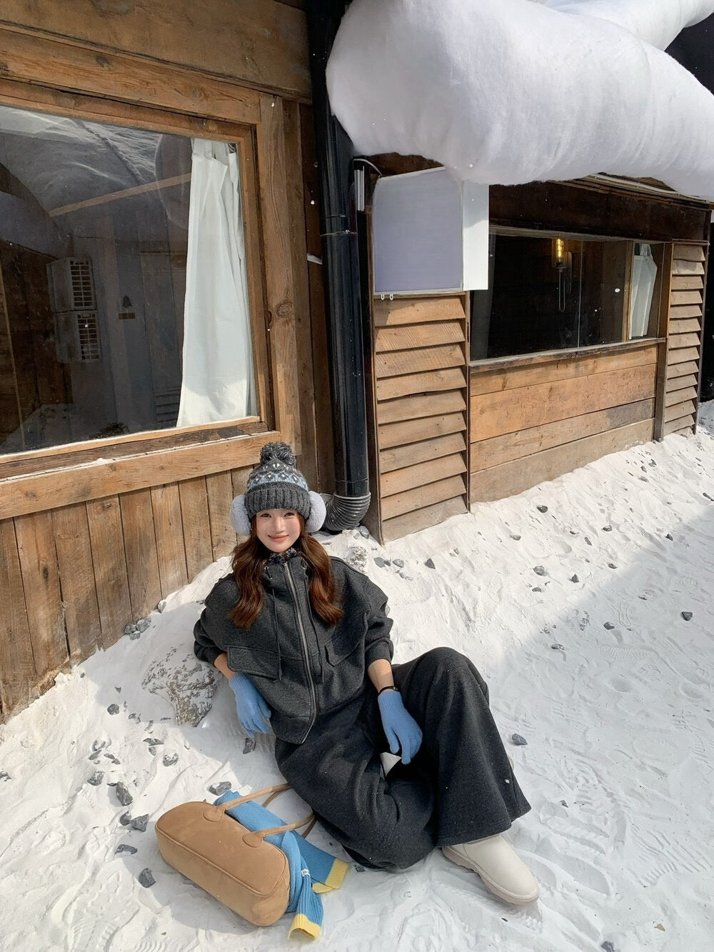 // 連毛毛帽加絨拉鍊外套+橡筋褲套裝