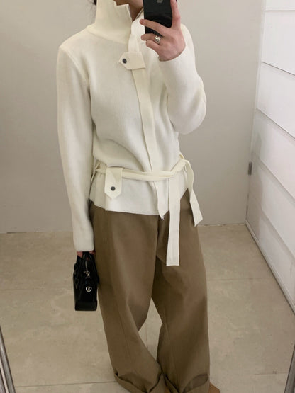 // 立領綁腰帶針織CD