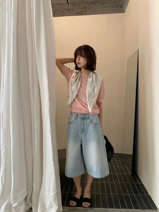 // 帥氣淺洗水五分牛仔褲