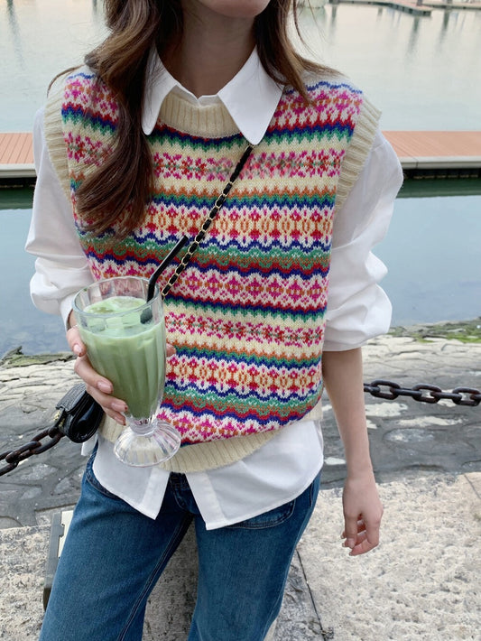 // 彩色復古patterns針織背心