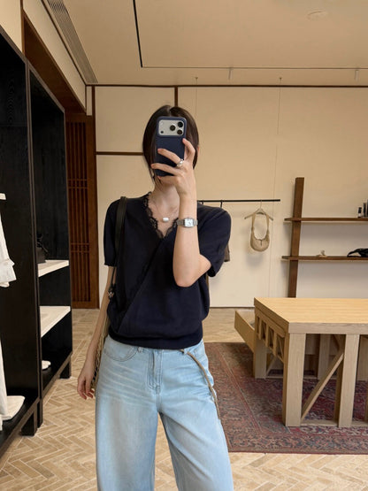 // 法式交叉lace邊絲麻短袖NT