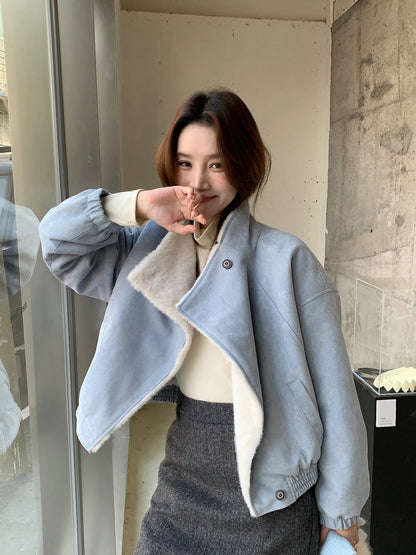 // 帥氣隨性領子皮毛一體麂皮絨外套
