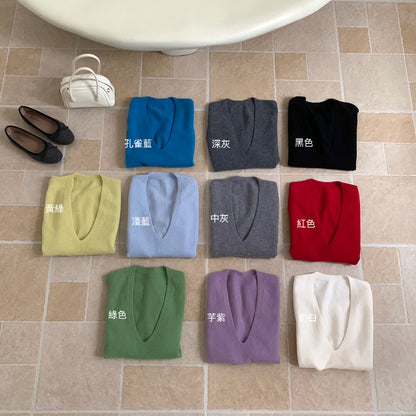 // 無縫一體疊穿必入深v 100%羊毛背心