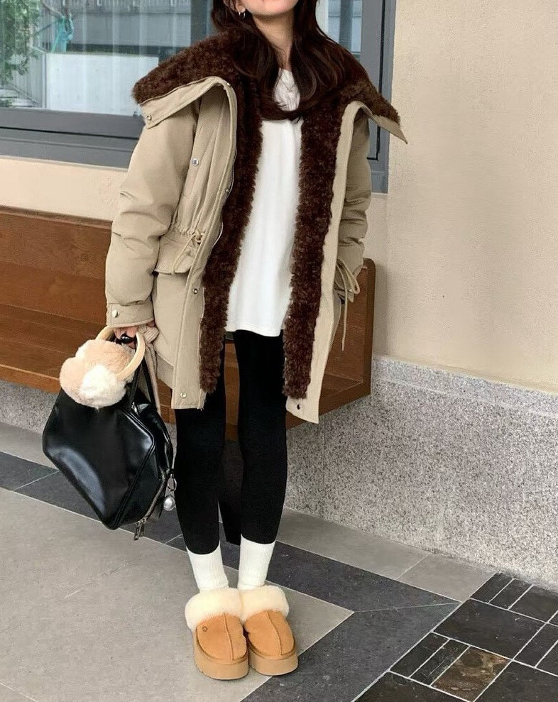 // 超帥大毛毛翻領可束腰口袋工裝外套