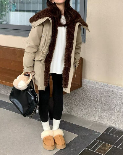 // 超帥大毛毛翻領可束腰口袋工裝外套