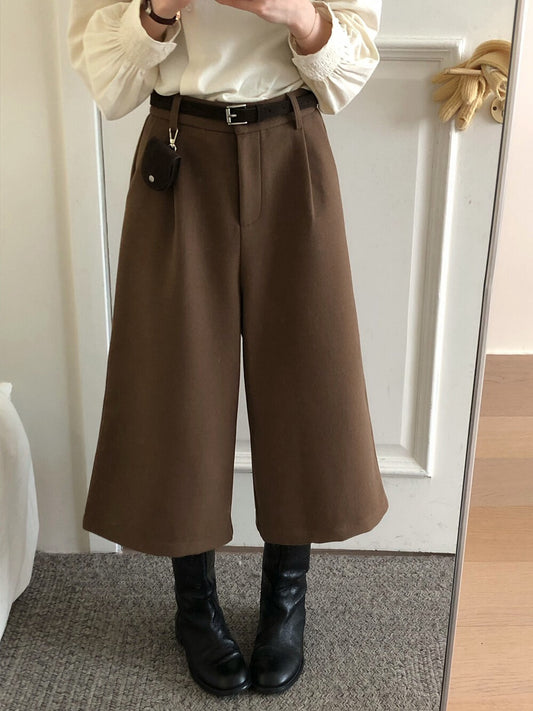 // 帥氣八分毛呢料加絨褲(連小腰包+腰帶)