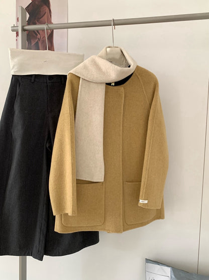 // 超氣質內撞色簡潔圓領100%手工雙面羊毛外套(連頸巾)