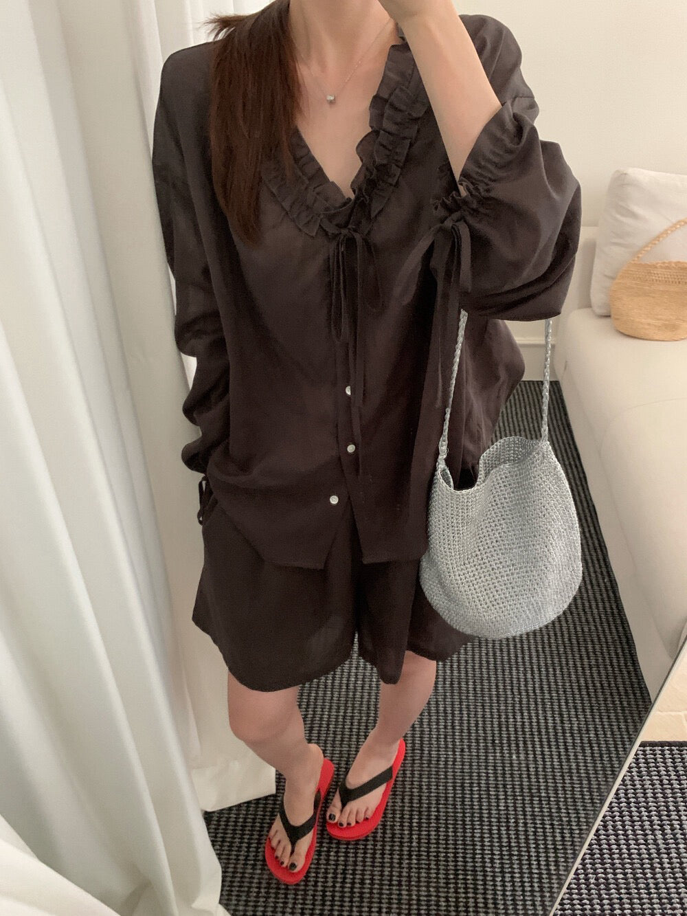 S14 / 麻質褶褶花邊綁帶袖口BL+短褲防曬套裝￼