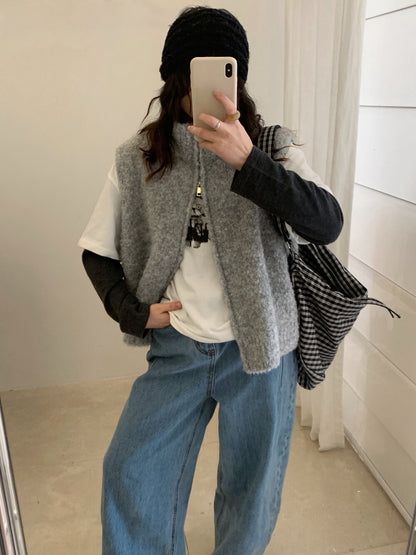 // 9%綿羊毛立領圈圈毛拉鍊背心