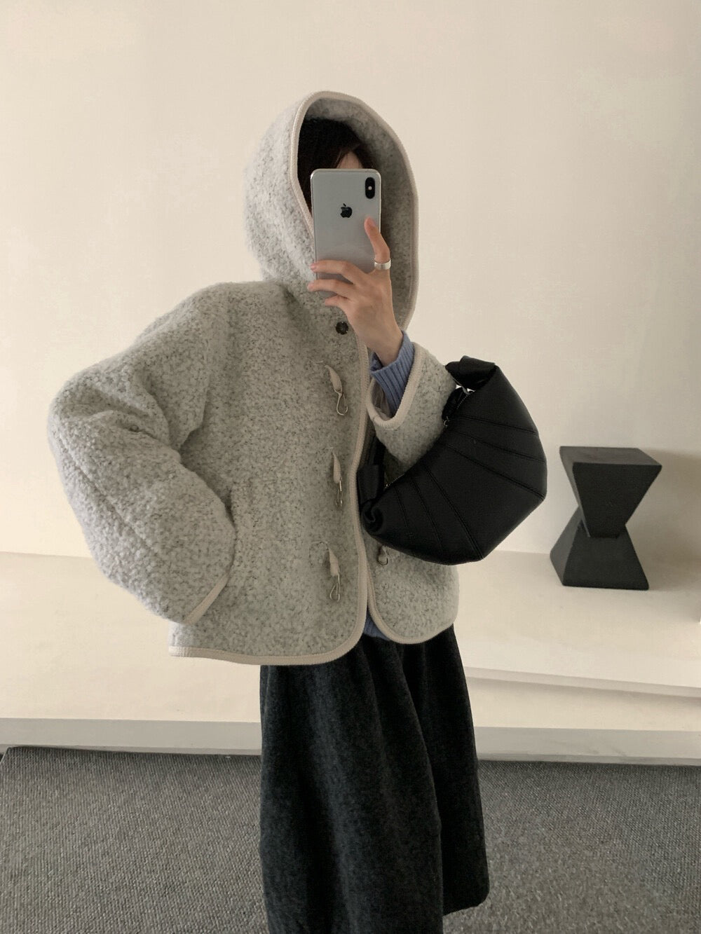 //65%羊毛特別鈕扣羊羔毛連帽外套