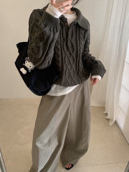 // 復古感重工麻花鈕扣翻領NT