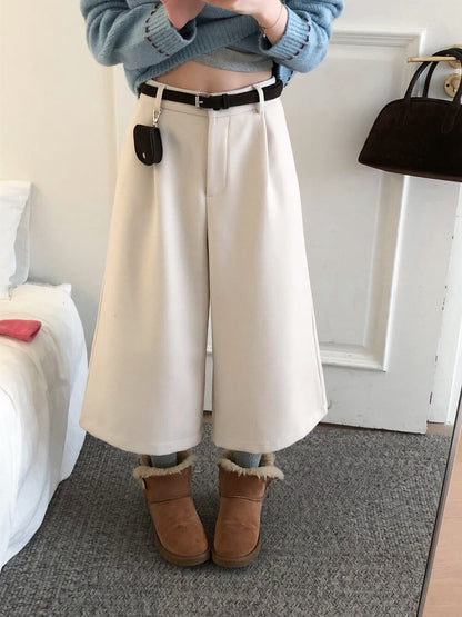 // 帥氣八分毛呢料加絨褲(連小腰包+腰帶)