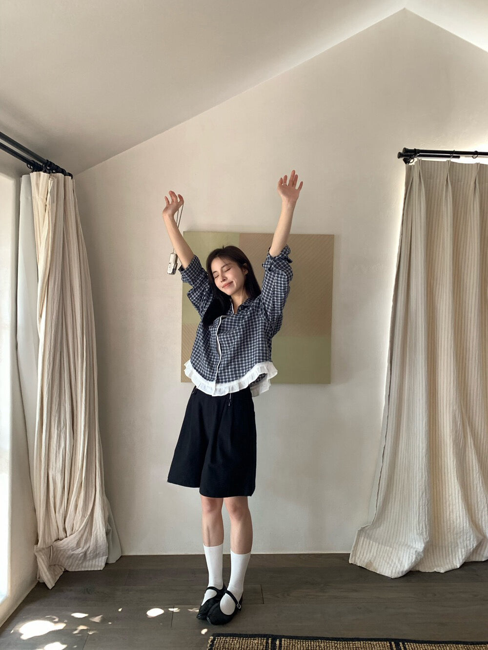 // 拼接花邊腳翻領格仔恤衫