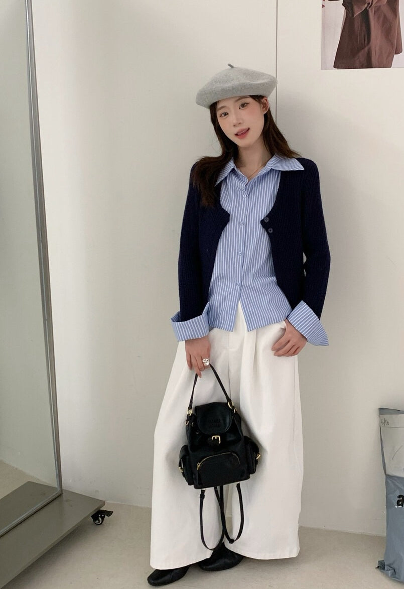 // 間條恤衫拼接針織外套假兩件上衣