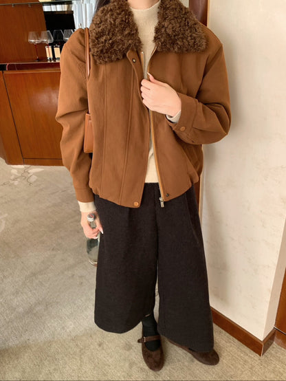 // 拼接卷毛領設計感短外套