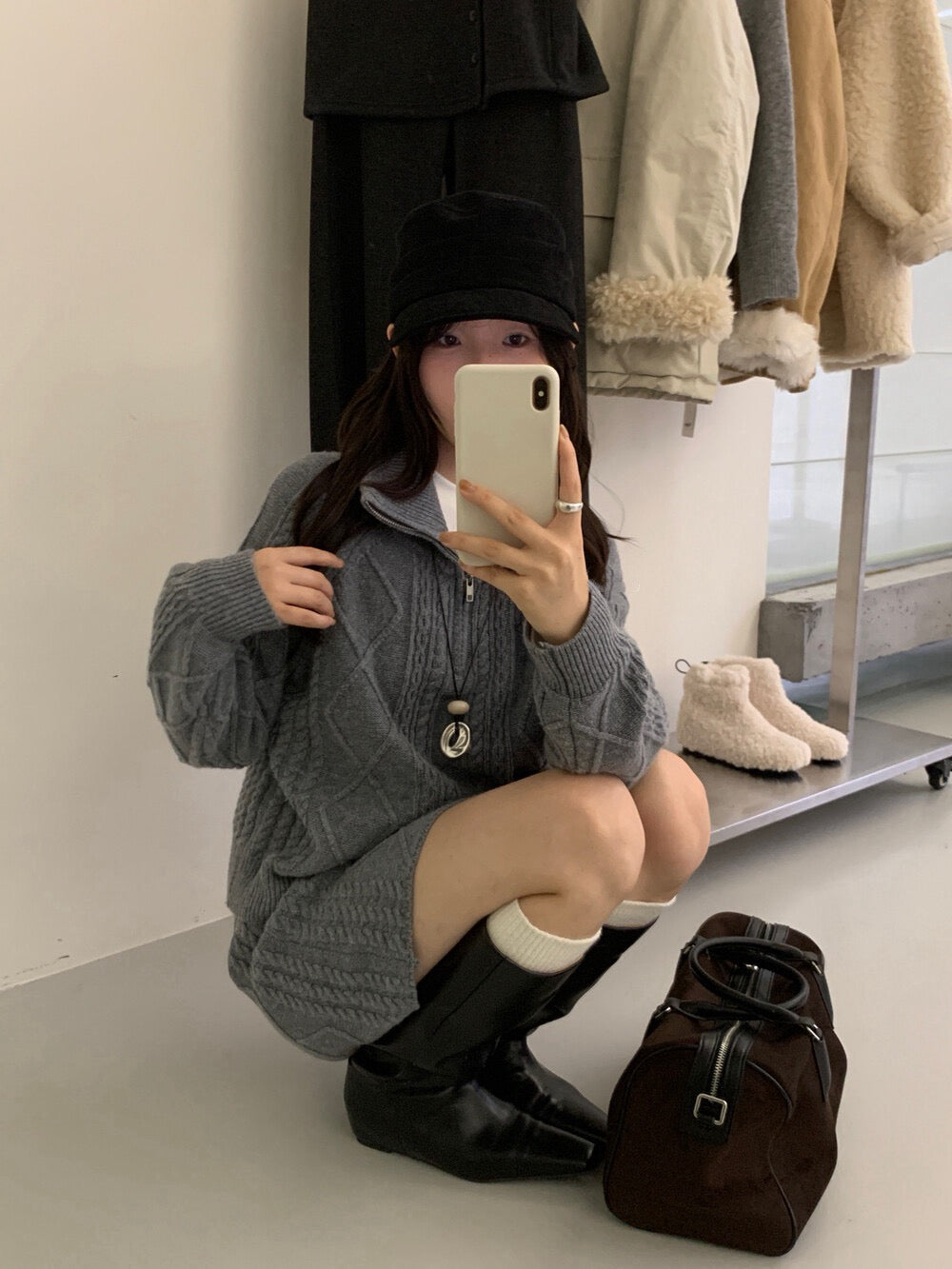 // 麻花半拉鍊立領毛衣+短裙套裝