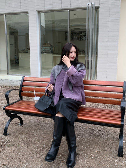 // 連披肩弧邊羊羔毛外套