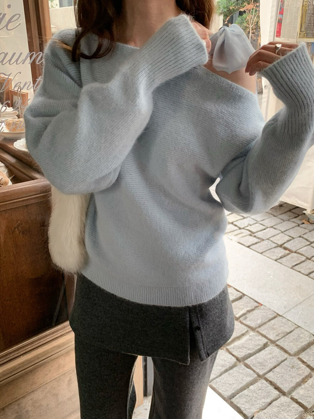 // 斜肩lace綁帶毛衣