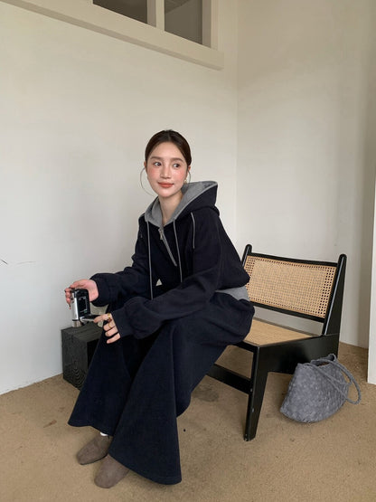 // 假兩件連帽拉鍊上衣+全長褲兩件套