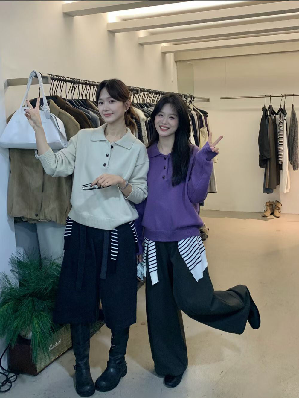 // 30%wool鈕扣直坑紋翻領毛衣