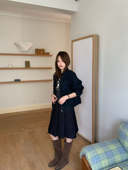 (現貨) // 簡約cutting翻領拉鍊牛仔外套