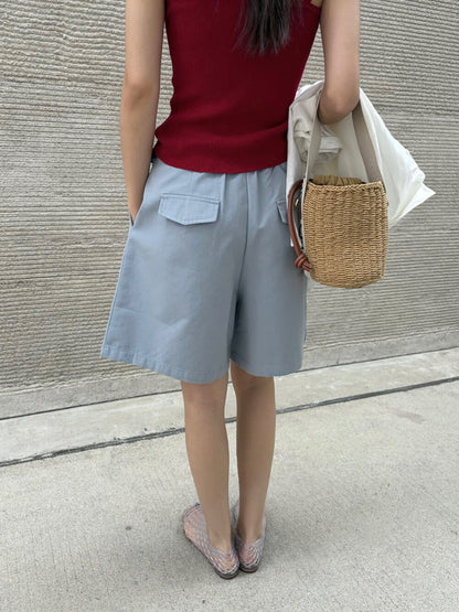 // 壓褶廓型遮肉五分短褲(連編織腰帶)
