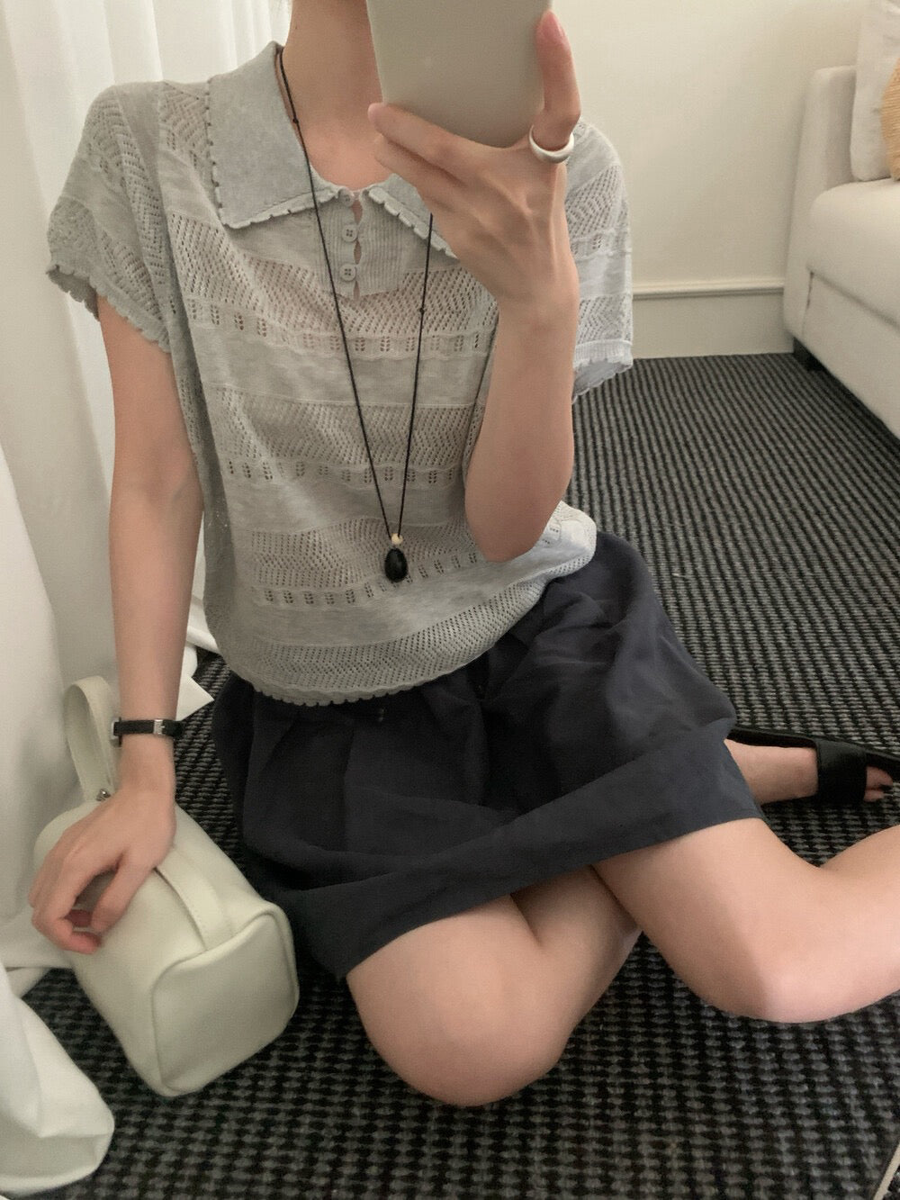 K19 / 精緻鏤空花邊翻領lyocell polo NT